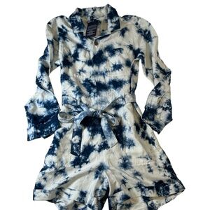 NWT Gap Blue White Long Sleeves Button Up Belted Waist Tie Dye‎ Jumpsuit Size 8